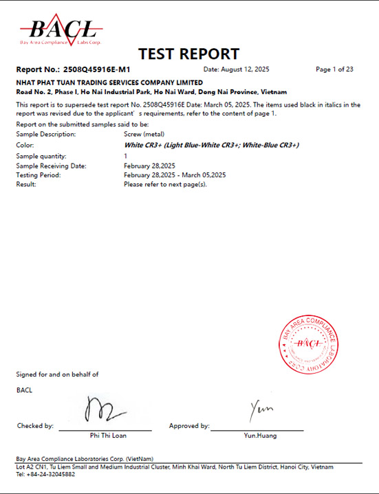 Báo cáo kiểm nghiệm BACL Vít CR3+